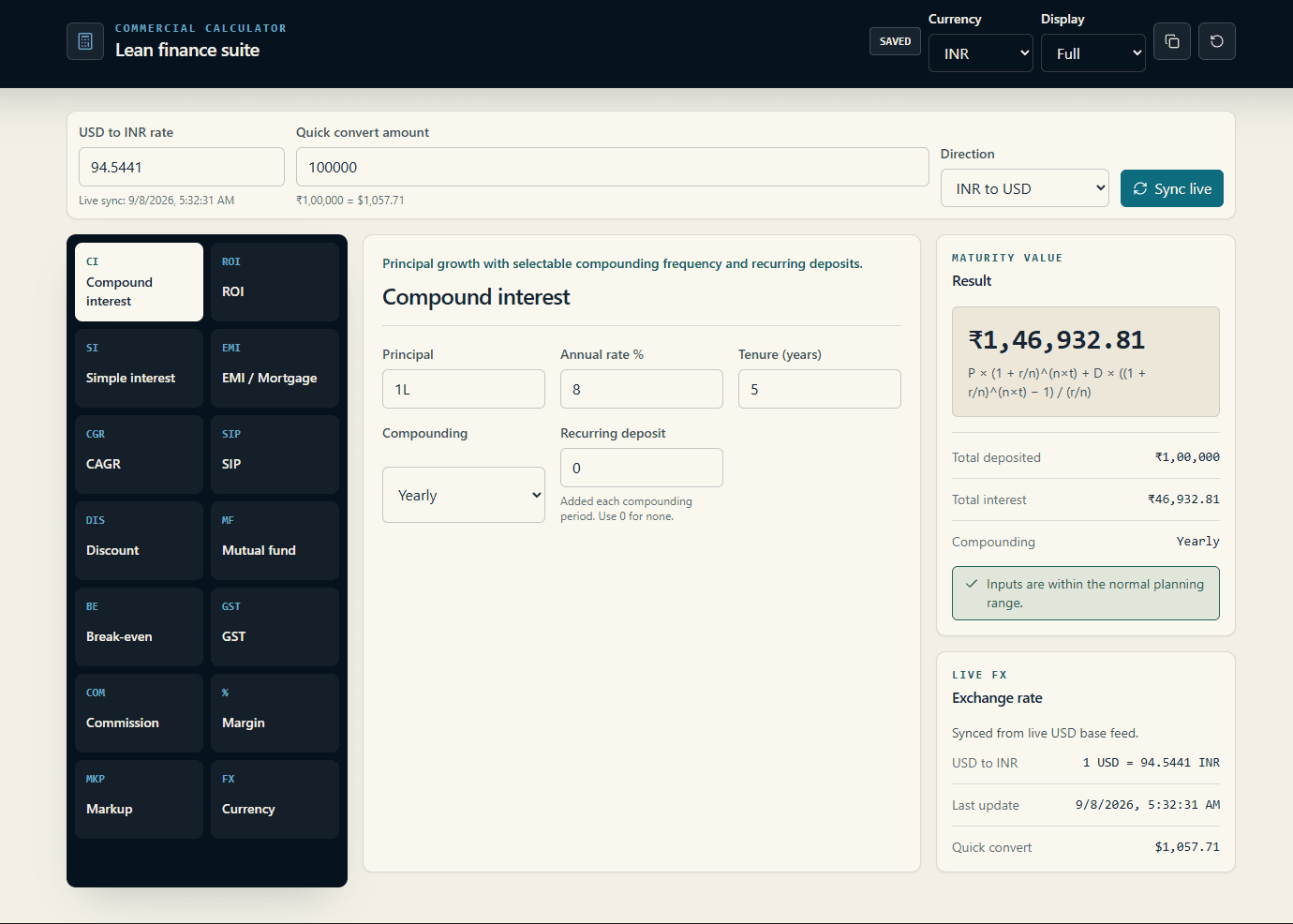 Commercial Calculator compound interest with selectable frequency and recurring deposits