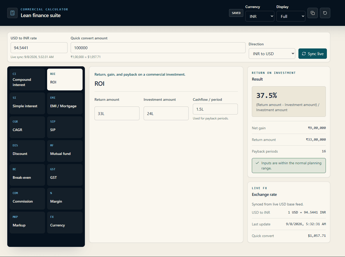 Commercial Calculator return on investment (ROI) and payback period calculation