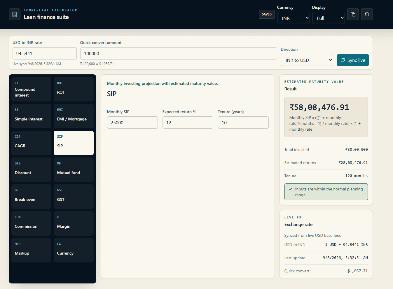 Commercial Calculator SIP monthly investing projection and maturity value