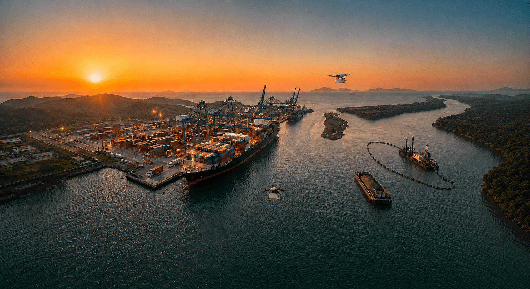 Smart port and maritime logistics Hub with container ship, dredging operations, and delivery drones at sunset