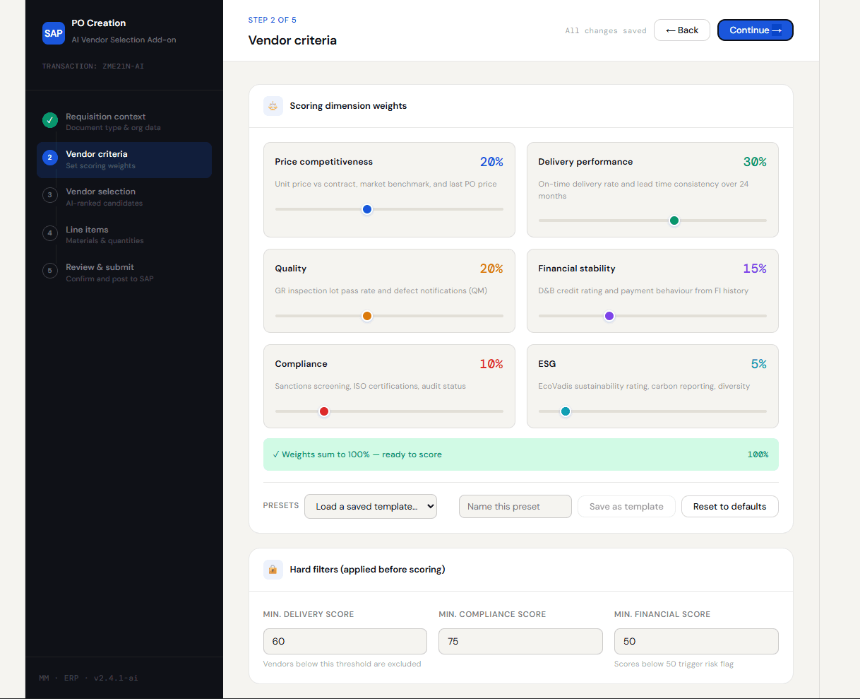 Vendor Select scoring dimension weights and hard filter criteria setup