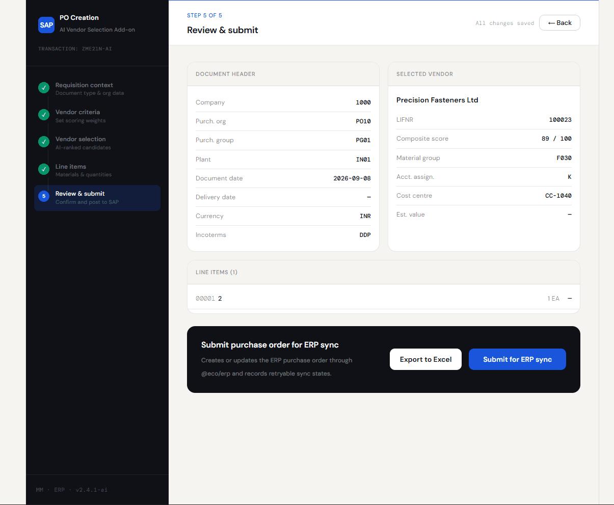 Vendor Select purchase order review, ranking composite score, and ERP sync submission